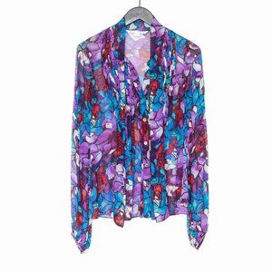 🌹 Diane von Furstenberg Stained Glass Floral Rose Silk Blouse - Purple Blue Red